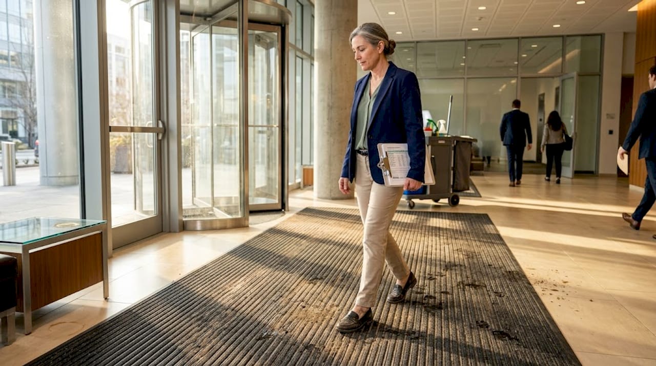 Facility manager walking on Waterhog mat