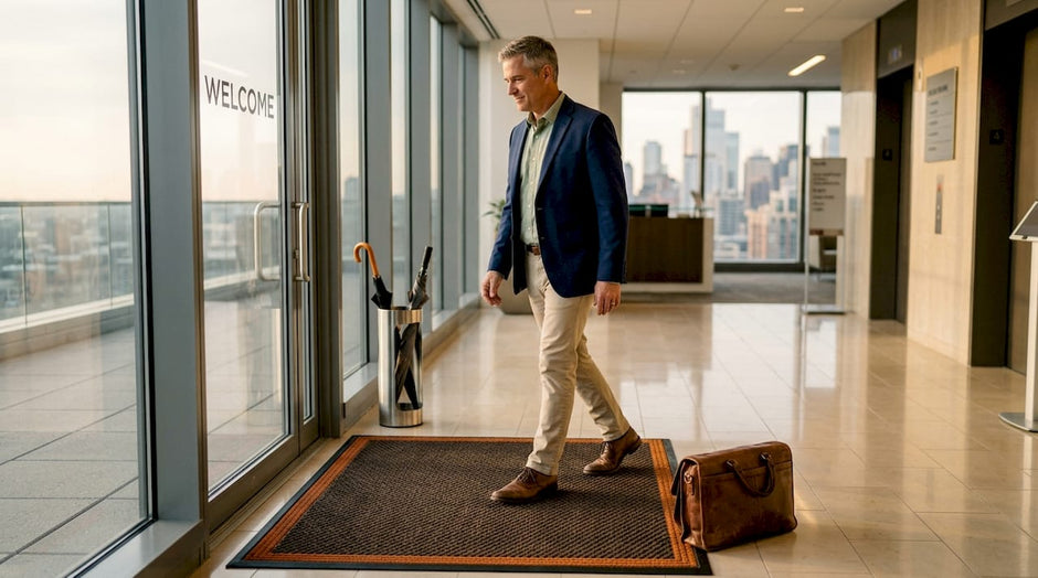 Manager using non slip mat at office entrance