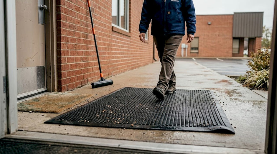 Facilities manager walks over outdoor scraper mat