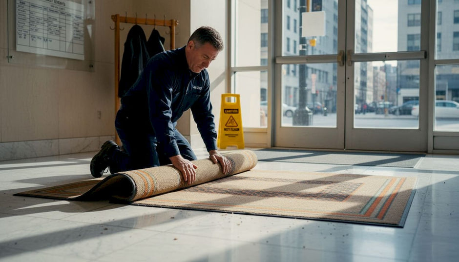 Facility manager rolling up floor mat in office lobby