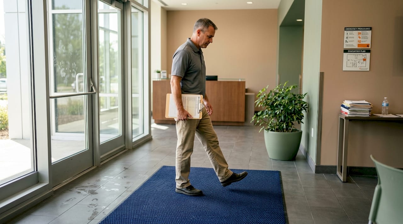 Facility manager assessing entrance mat safety