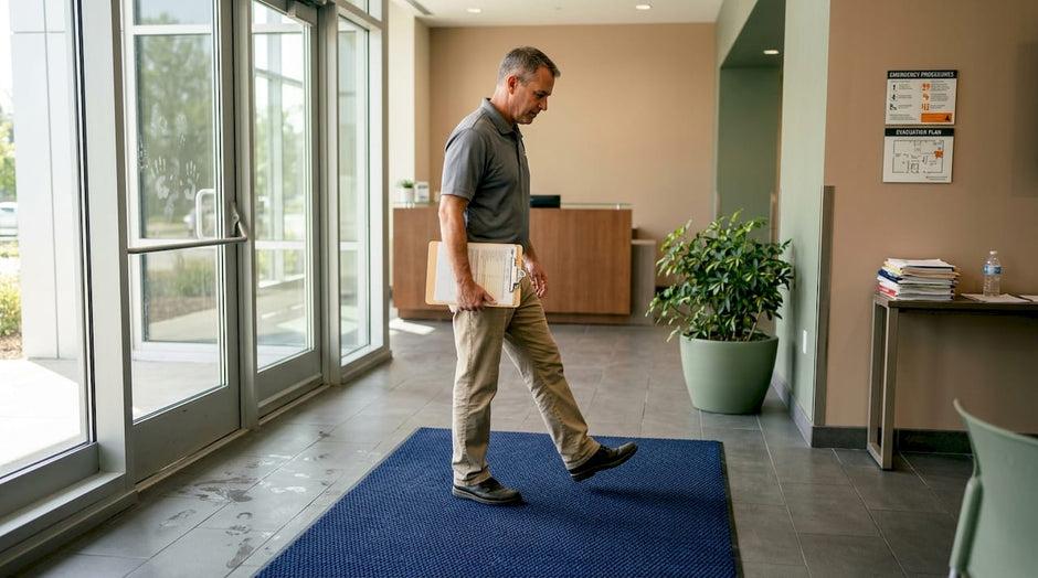 Facility manager assessing entrance mat safety