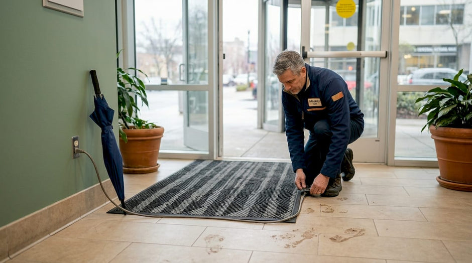Facility manager checking heated door mat at entrance