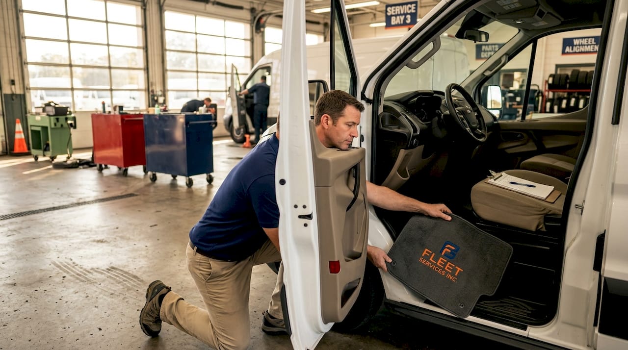 Fleet manager inspecting monogrammed floor mat in van