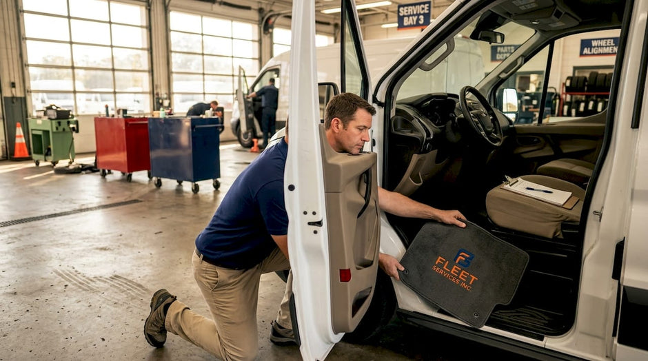 Fleet manager inspecting monogrammed floor mat in van
