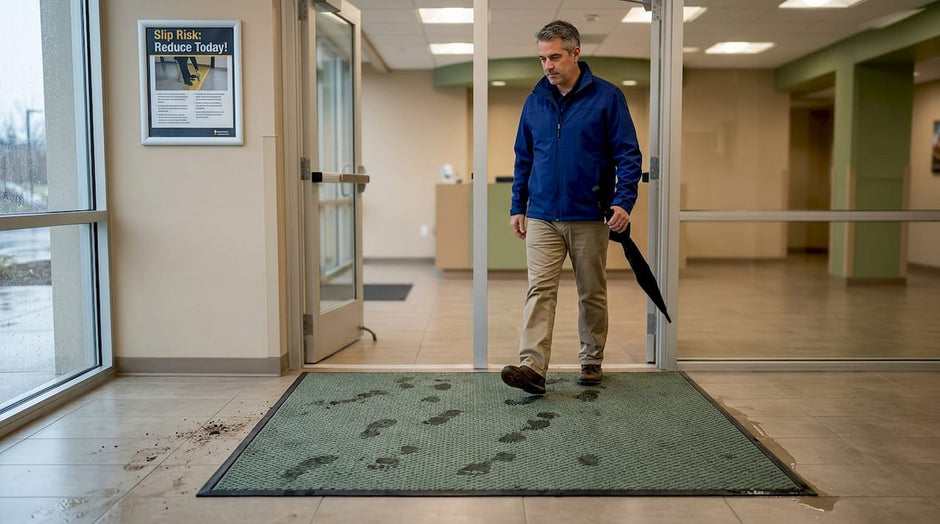 Facilities manager steps on entryway mat
