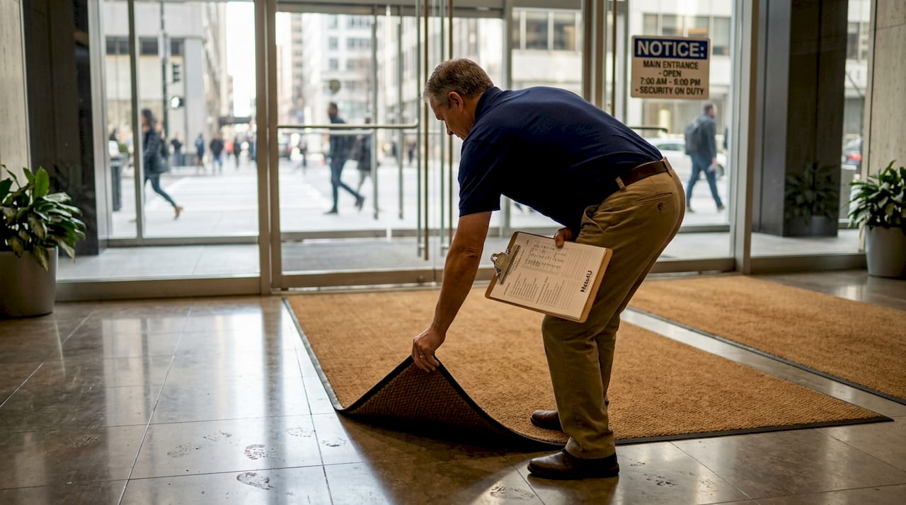 Facilities manager adjusts durable mat in office lobby