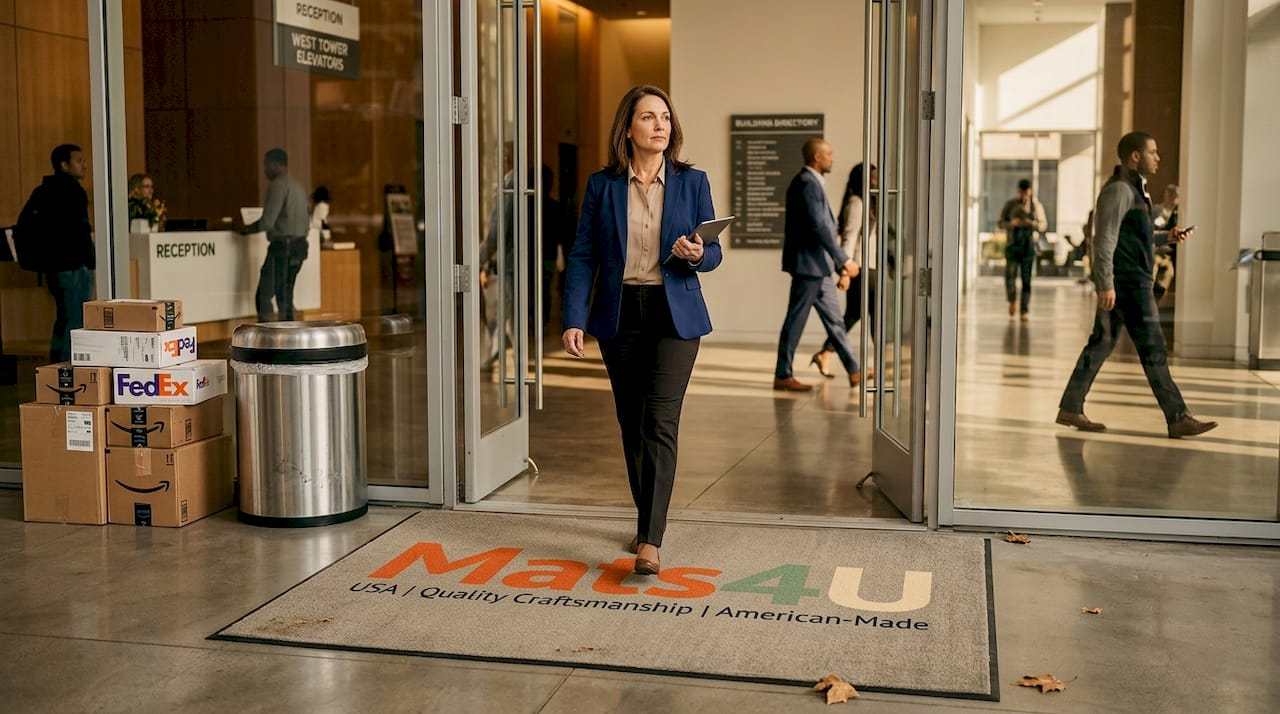 Facilities manager entering on branded mat