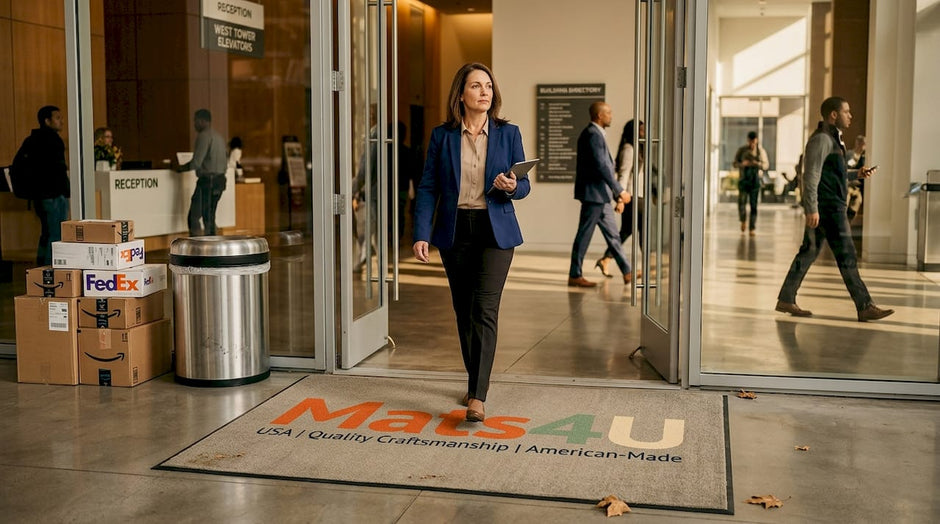 Facilities manager entering on branded mat