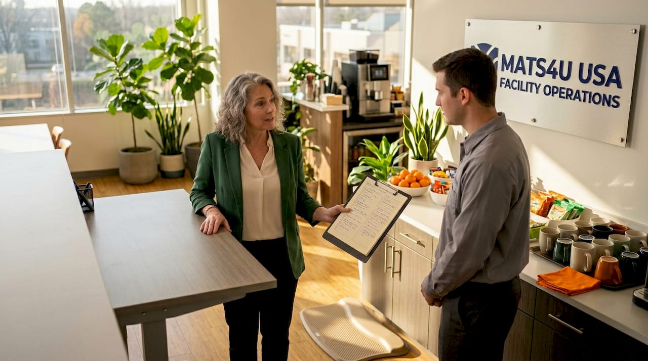 Facility manager reviewing ergonomic mat in workspace