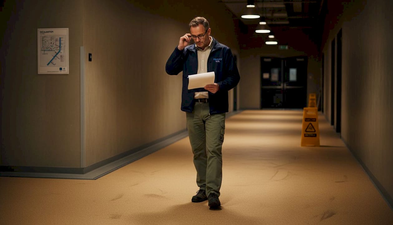 Manager inspecting slip-resistant installed floor