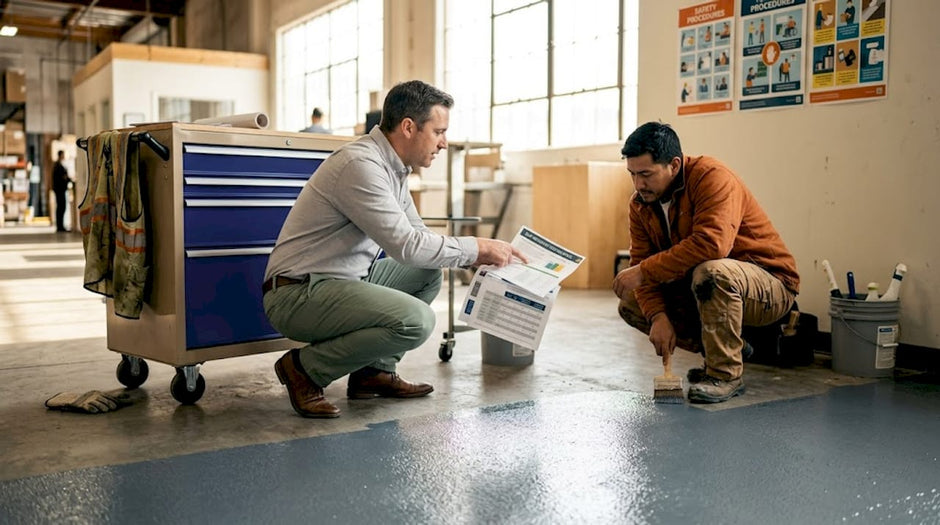 Manager and contractor review slip-resistant floor install