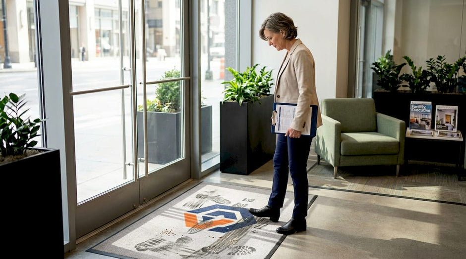 Facility manager reviews custom logo mat