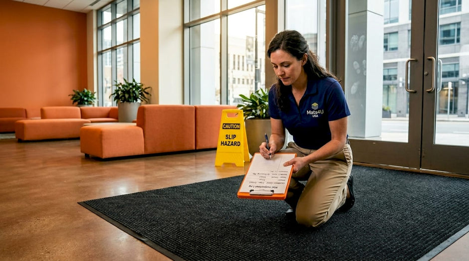 Facility manager inspecting office floor mat