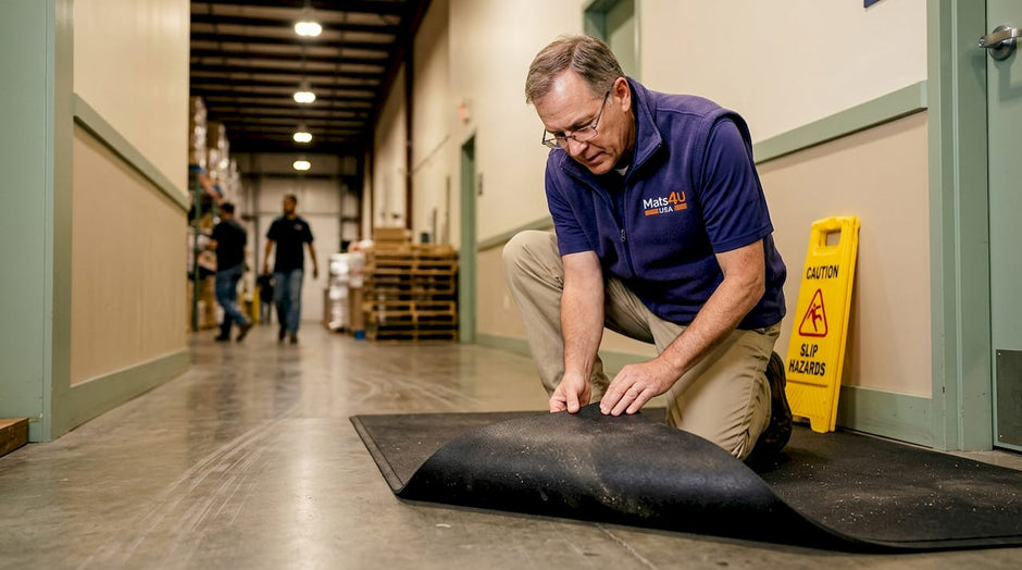 Facility manager inspecting warehouse rubber mat