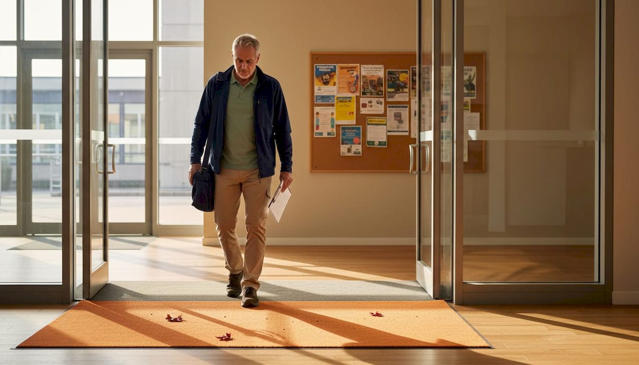 Facility manager inspecting entrance mats in lobby