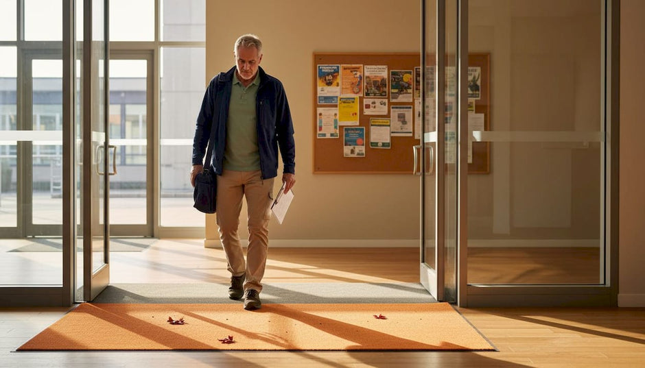 Facility manager inspecting entrance mats in lobby