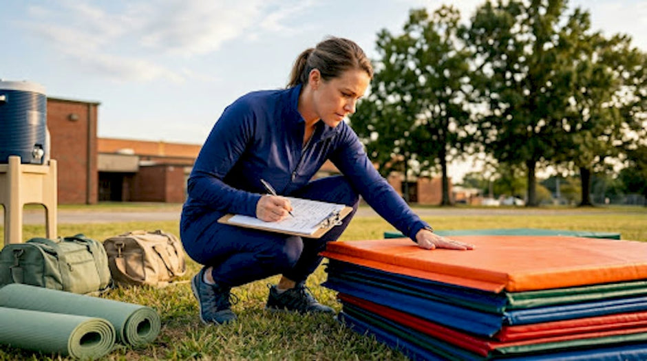 Coach evaluating cheer mats for safety