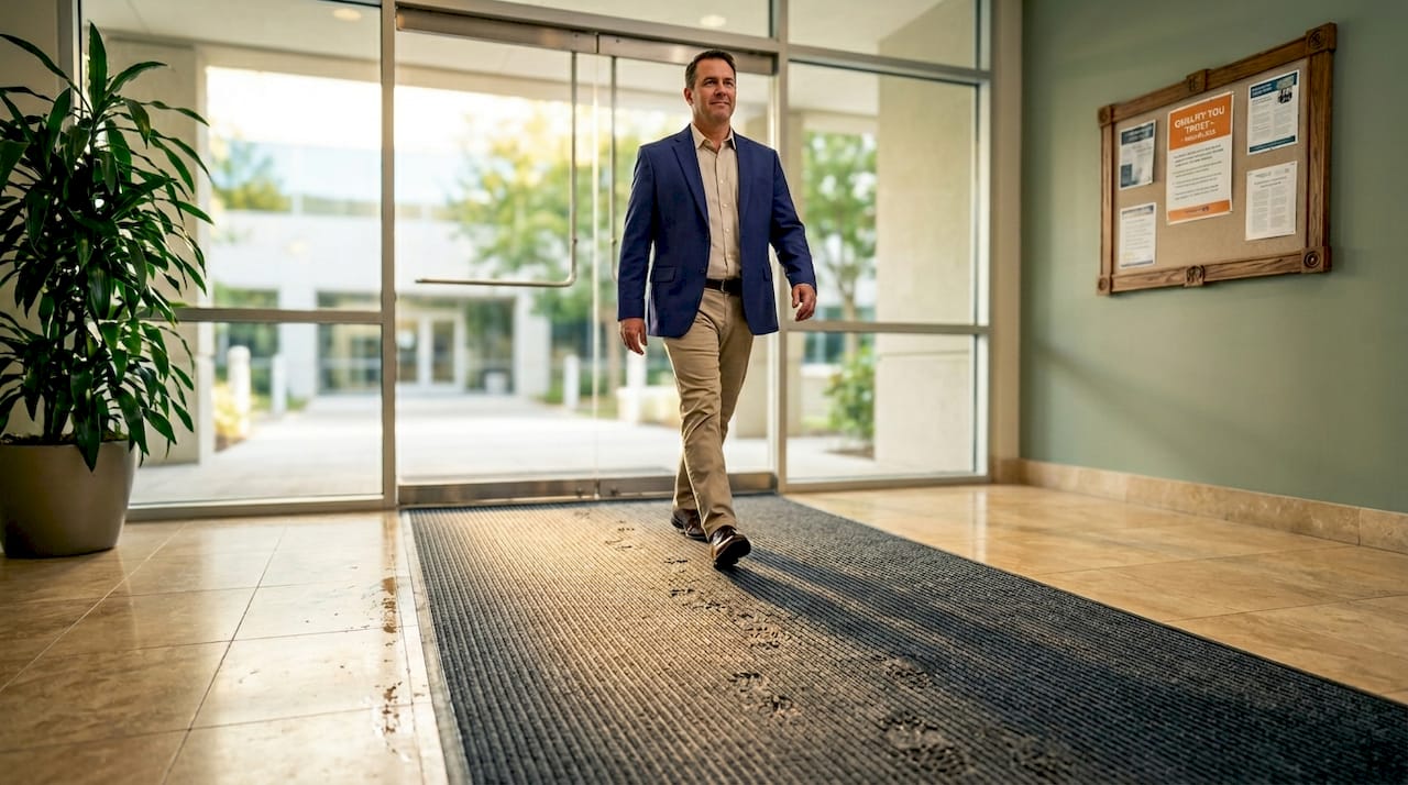 Facilities manager crossing entryway on Waterhog mat