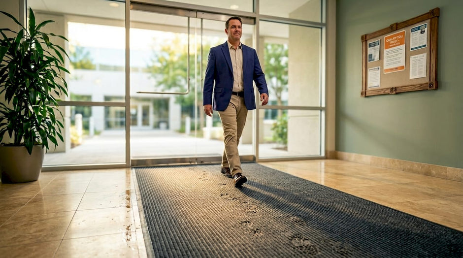 Facilities manager crossing entryway on Waterhog mat