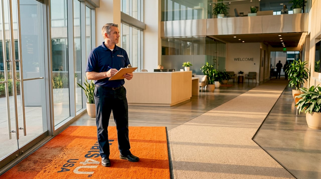 Facility manager comparing mat and carpet in lobby