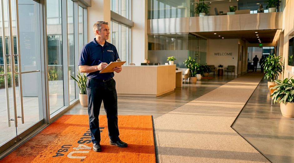 Facility manager comparing mat and carpet in lobby