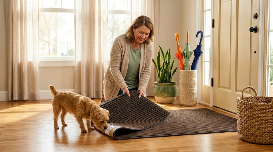 Homeowner laying entrance mat in hallway