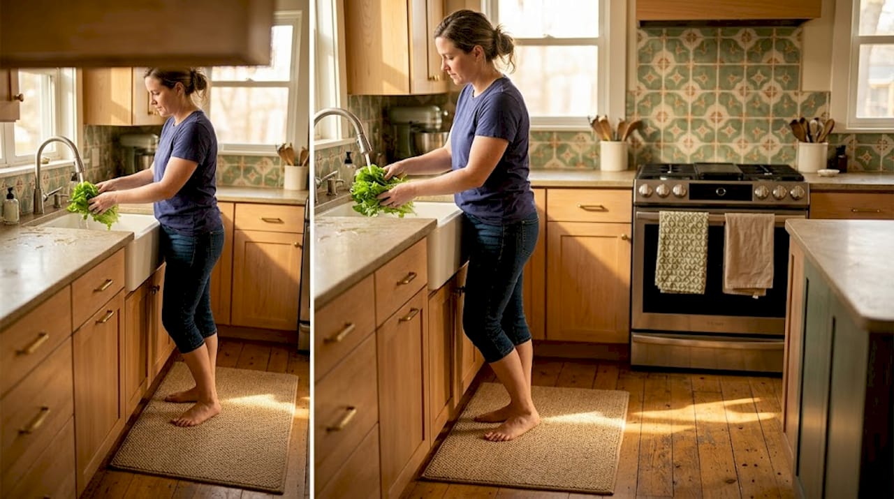 Woman using non-slip kitchen rug at sink