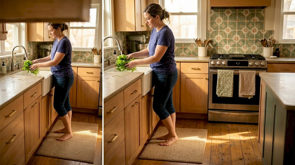 Woman using non-slip kitchen rug at sink