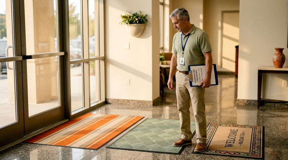 Facility manager inspecting entrance floor mats