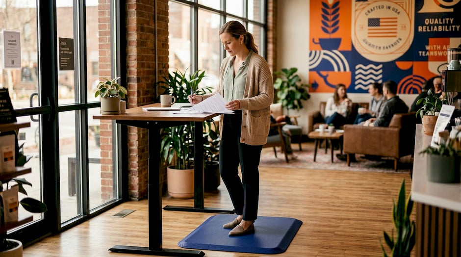 Professional using anti-fatigue mat at standing desk