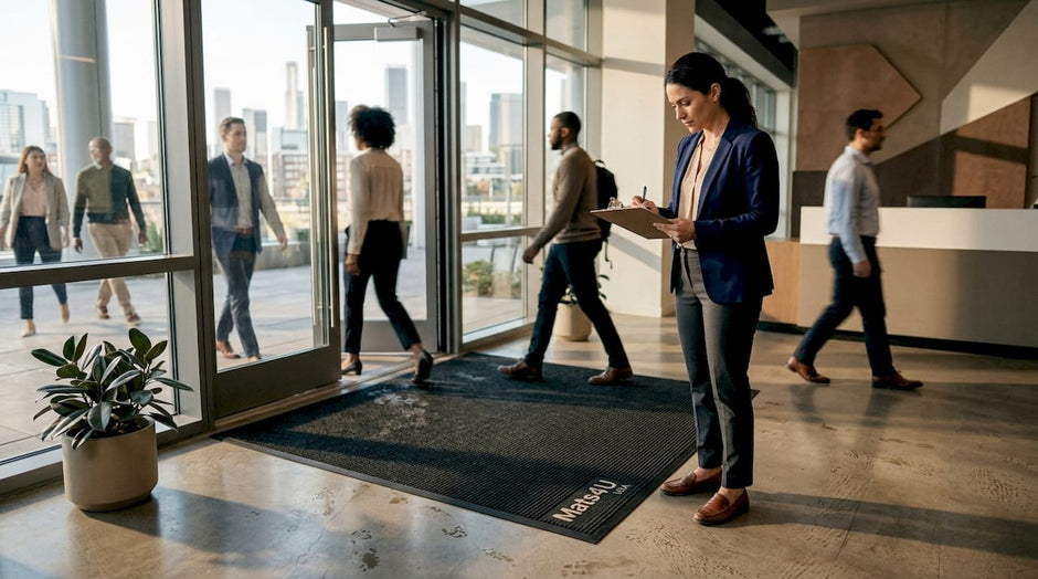 Facility manager inspects entrance floor mat