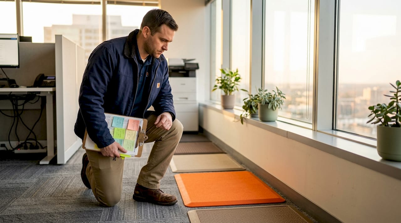 Facility manager inspecting workplace safety mats