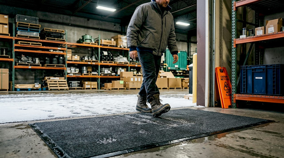 Worker stepping onto floor mat at winter warehouse entrance