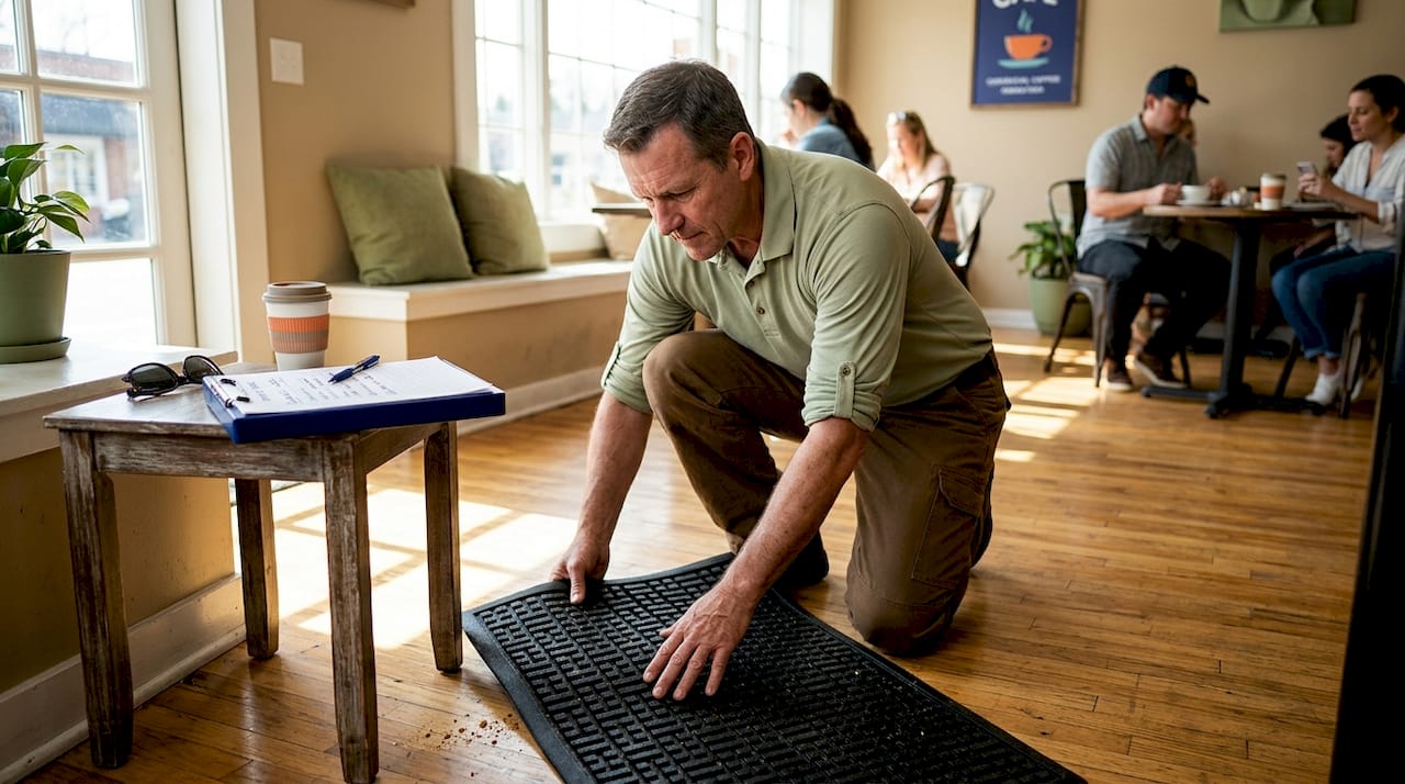 Facility manager inspecting commercial entrance mat