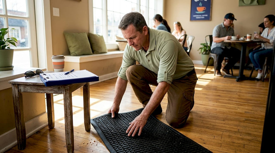 Facility manager inspecting commercial entrance mat