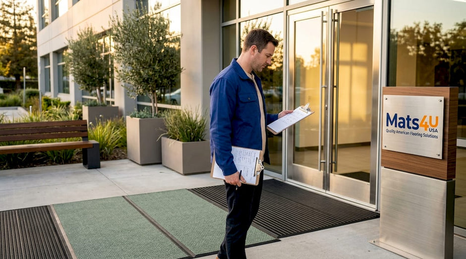 Facility manager inspecting entrance floor mats