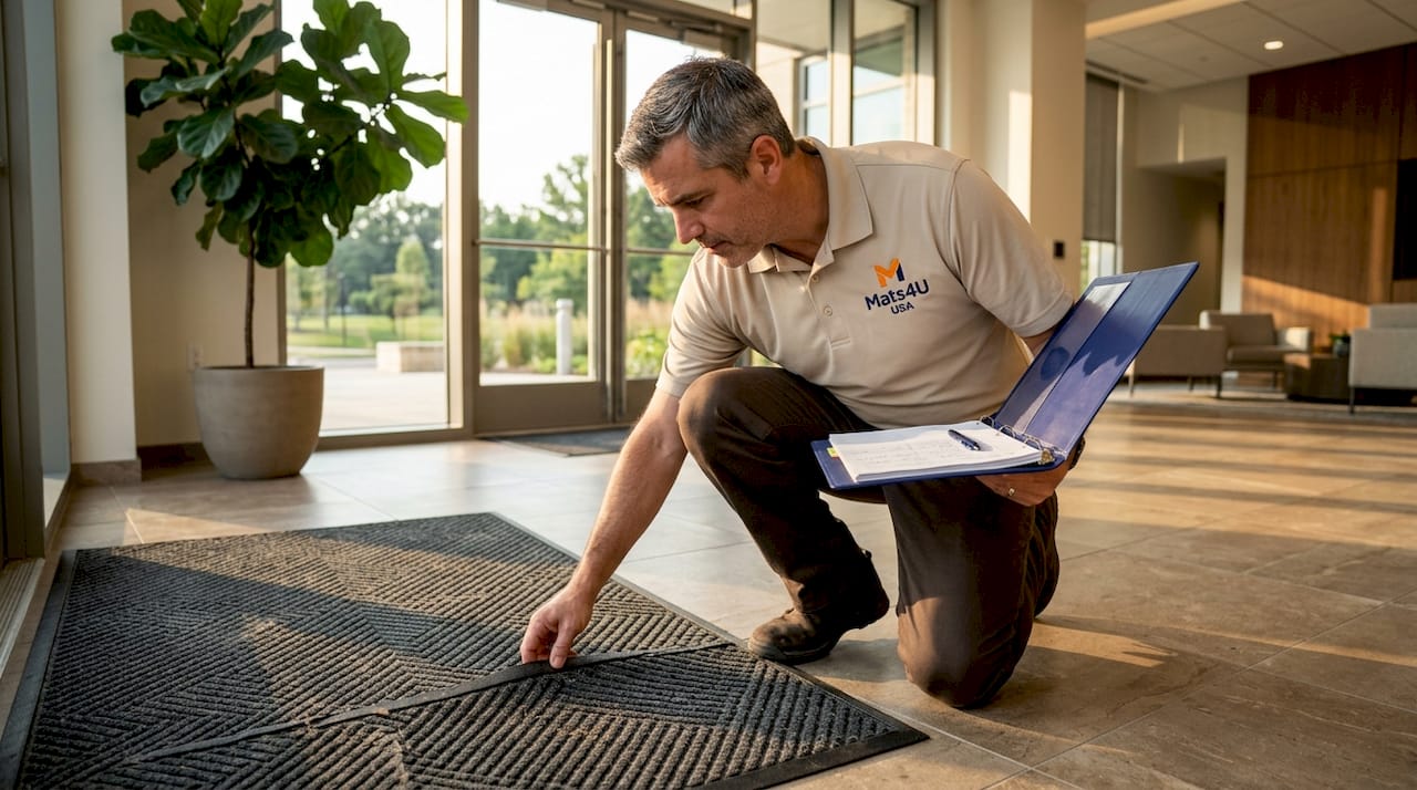 Facility manager inspecting entrance mat indoors