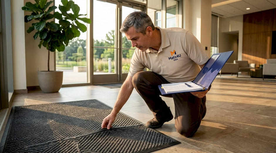 Facility manager inspecting entrance mat indoors