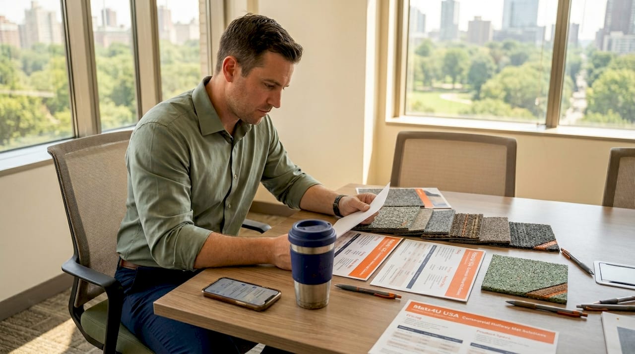 Property manager reviewing hall mat pricing documents