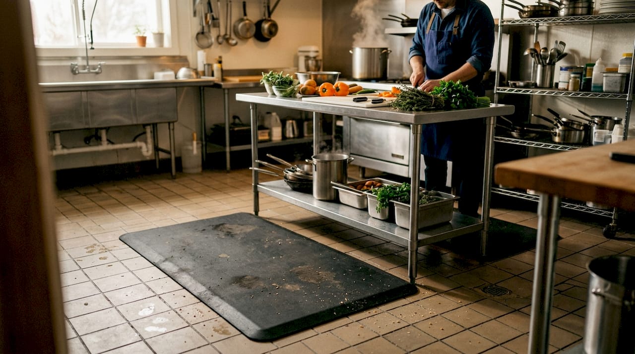 Anti-fatigue floor mat in commercial kitchen