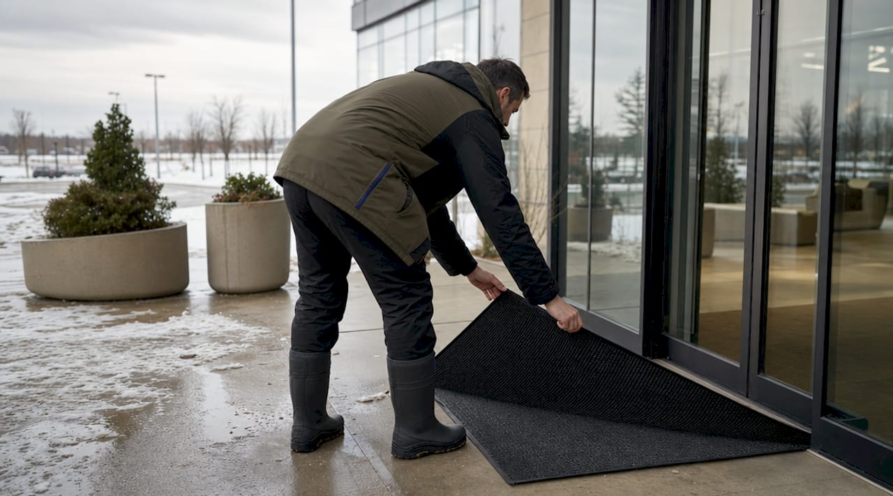 Facility manager installing winter scraper mat outdoors