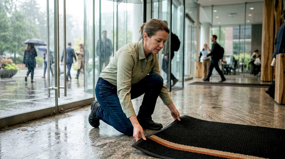 Facility manager installing entrance mat
