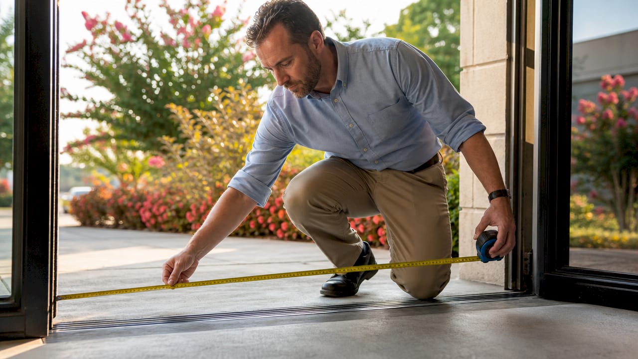 Facilities manager measuring commercial entry mat width