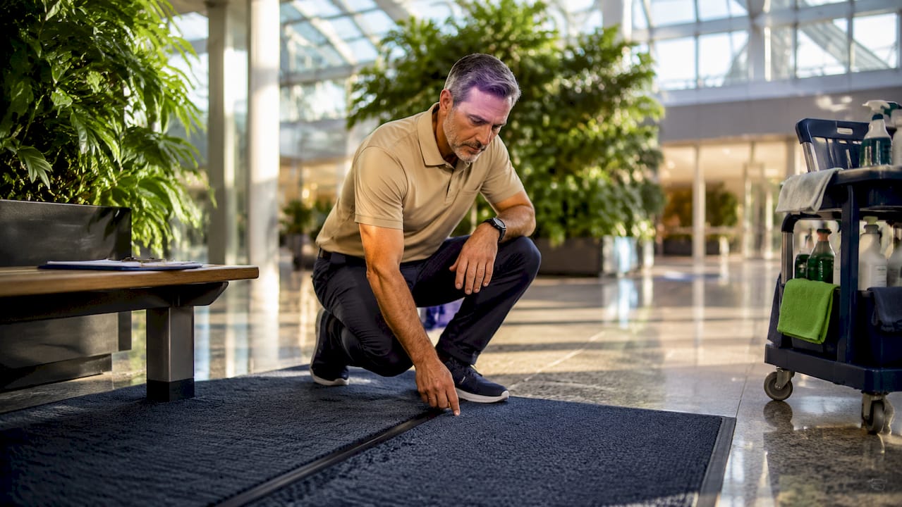 Facility manager inspecting commercial mat durability